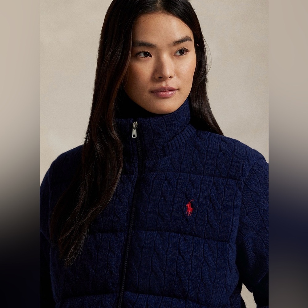 Polo Ralph Lauren Cable Knit Navy Puffer Jacket - Picture 4 of 8